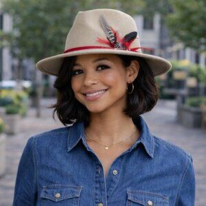 Tan Women's Felt Fedora Western Cowboy Hat Red Belt  Brown Feather Accent